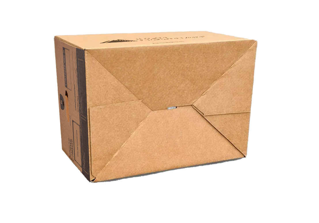 Paper document box laying on its side to show the auto-fold system on the box bottom